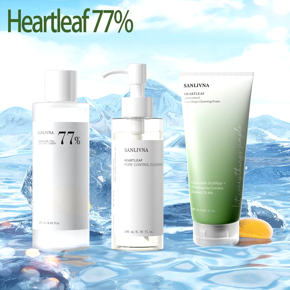 Korean Heartleaf 77% Skin Care Set: Moisturizing Toner, Cleansing Oil, and Quercetin Pore Deep Cleansing Foam