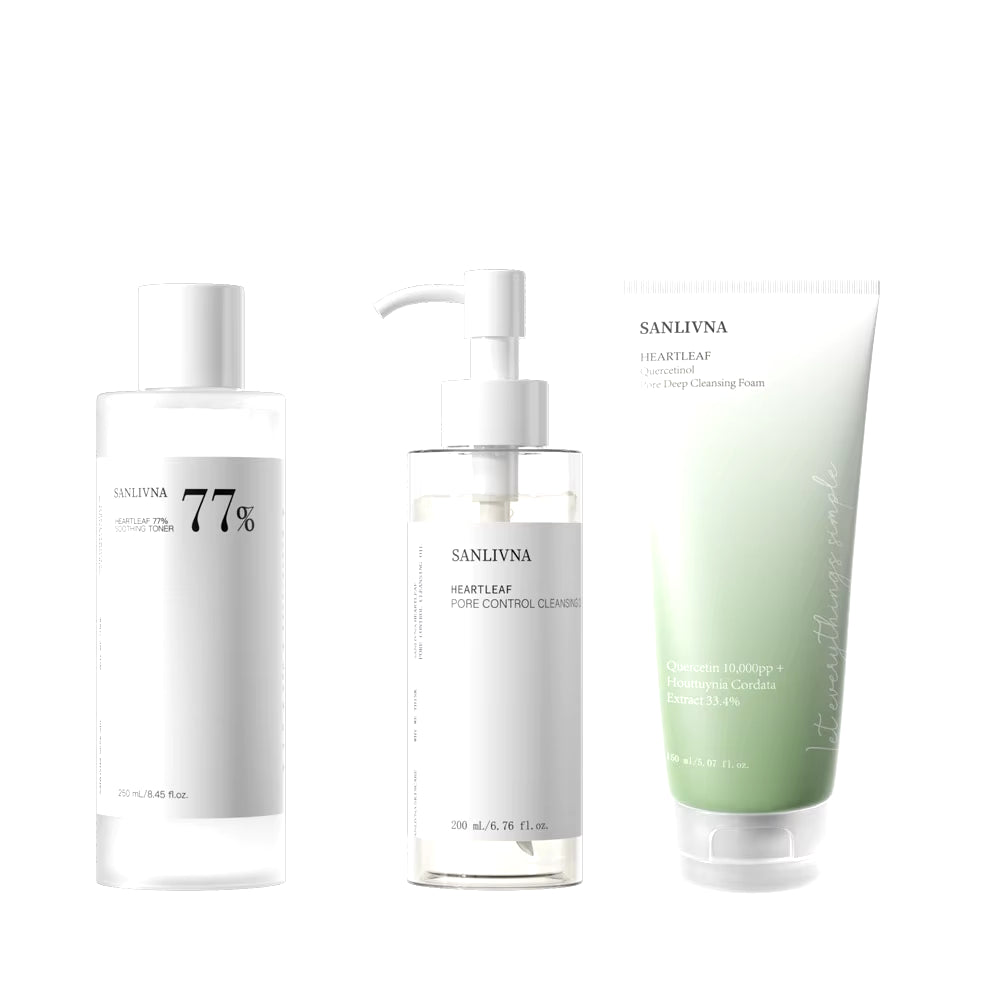 Korean Heartleaf 77% Skin Care Set: Moisturizing Toner, Cleansing Oil, and Quercetin Pore Deep Cleansing Foam