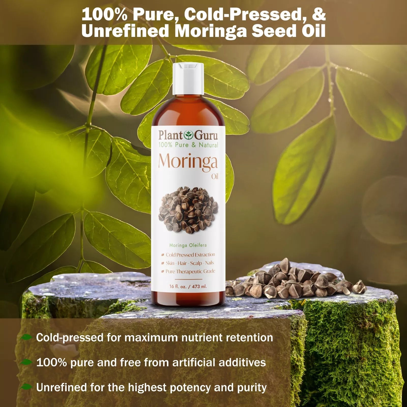 Moringa Seed Oil 2 Oz. Cold Pressed 100% Pure Natural - Ideal for Skin, Body, Face, and Hair Care